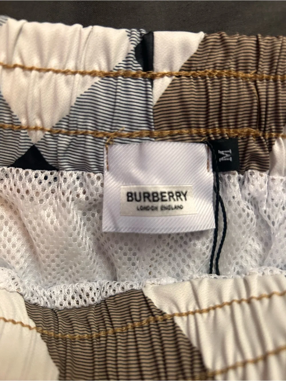 Burberry Beige Plaid Swim Trunks with Red Stripe